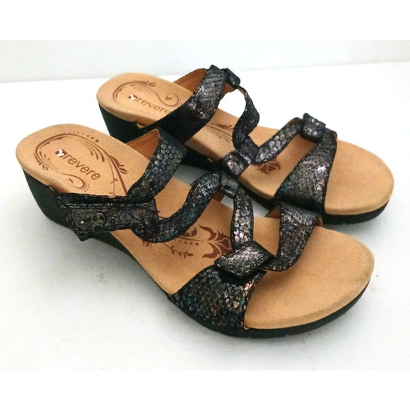 NEW Revere Sofia Blk Metallic Python Strappy Comfort Wedge Sandals US 10M - Picture 11 of 11